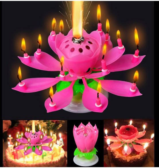 Sviečka hracia, kvet s fontánou, ružová, melódia Happy Birthday