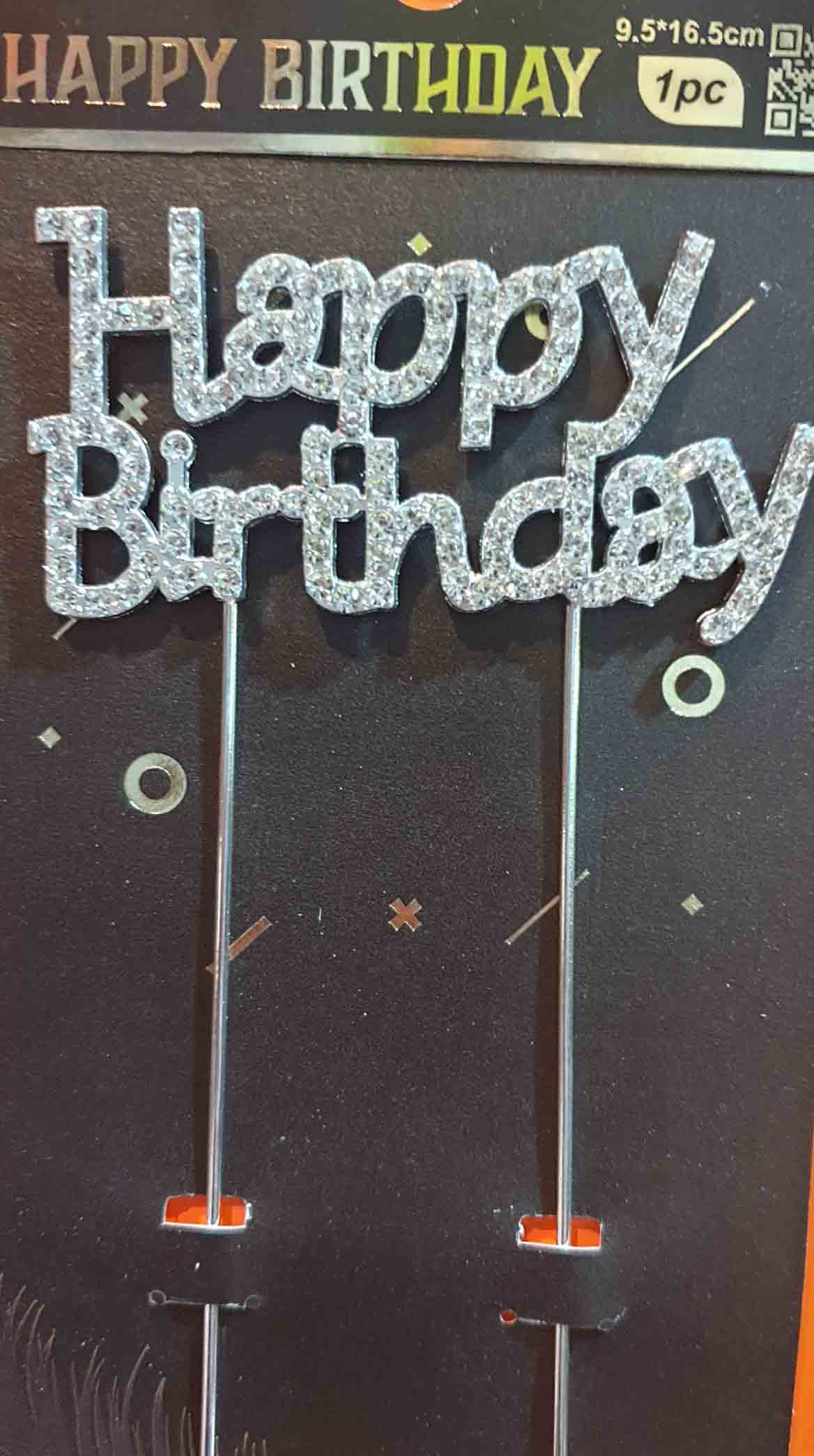 Zápich strieborný Happy Birthday s kamienkami 16cm