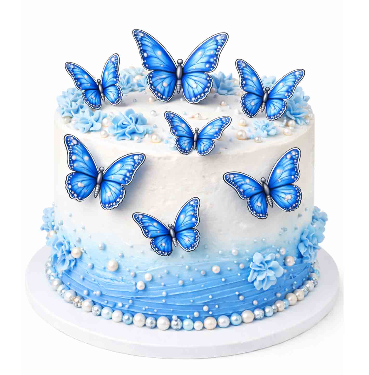 Modré jedlé motýle na tortu – 9 ks (3–5 cm)