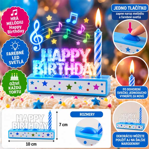 Modrá verzia: Hudobná sviečka na tortu HAPPY BIRTHDAY – svietiaca, modrá
