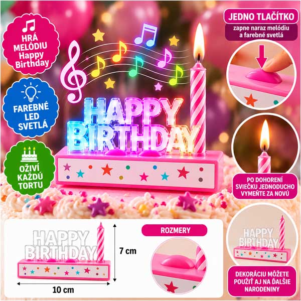 Ružová verzia: Hudobná sviečka na tortu HAPPY BIRTHDAY – svietiaca, ružová